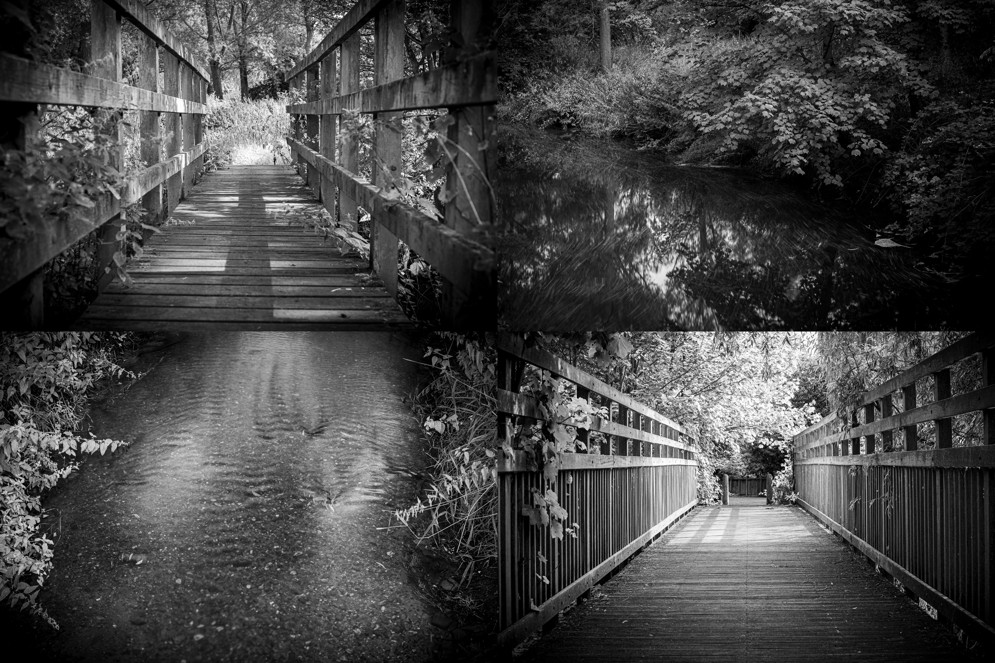 Two wooden bridges over two flowing rivers, one small, one big.