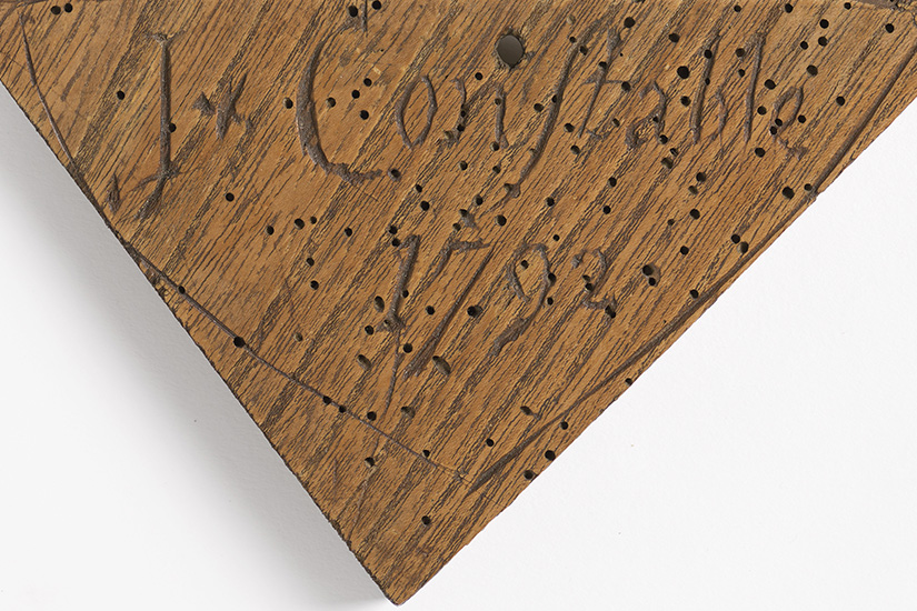 Constable carved his name and the image of Pitt’s Mill into a timber of the mill he was supposed to be working in at the age of 16, 1792 (COLEM : 136A ©Colchester and Ipswich Museums Service: Colchester Borough Council)