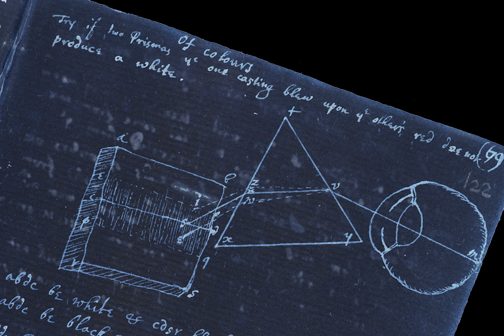 A colour inverted image of a page from Isaac Newton's Trinity College Notebook (MS Add. 3996) with a diagram of an eye seeing light through a prism, https://cudl.lib.cam.ac.uk/view/MS-ADD-03996/247