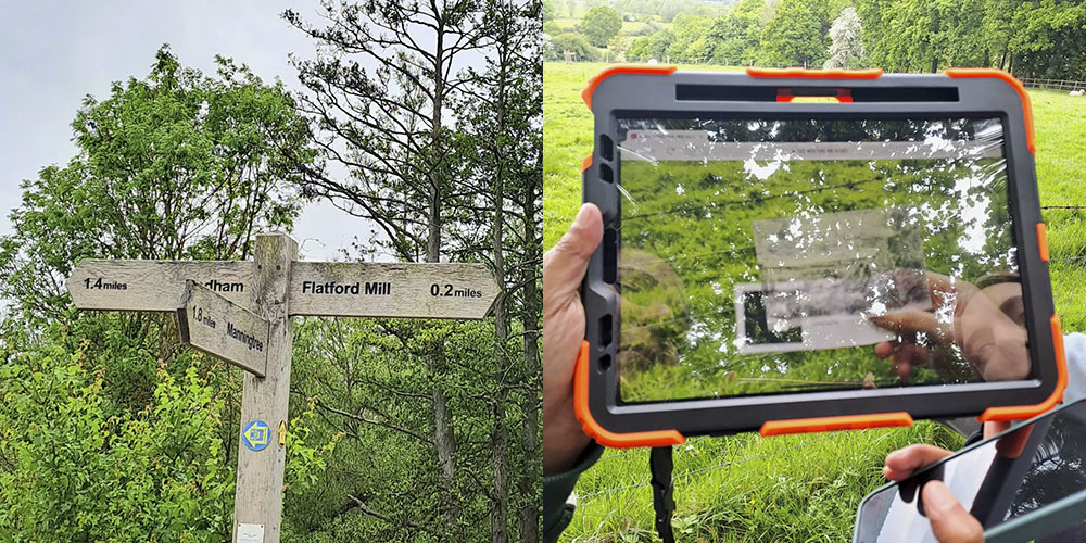 A wooden footpath signpost, and an image of an iPad displaying a Constable print in augmented reality .
