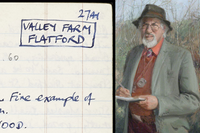 A Valley Farm, Flatford extract from one of Oliver Rackham's notebooks and a portrait of him from Corpus Christi College, Cambridge