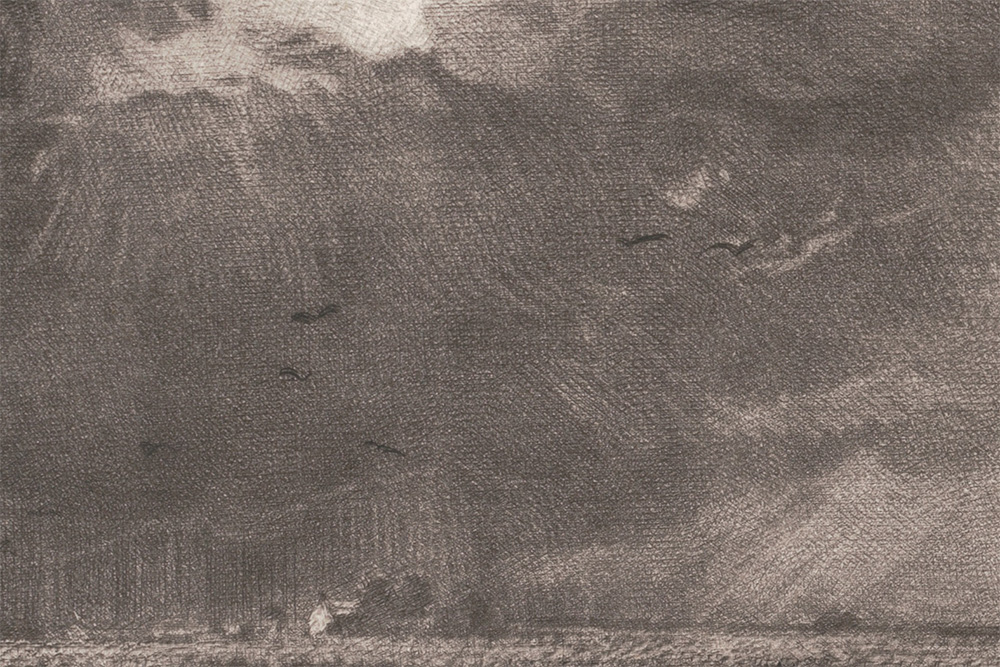 A close-up from 'Spring (P.232-1954 (1)b)' in which marks to indicate hail are visible